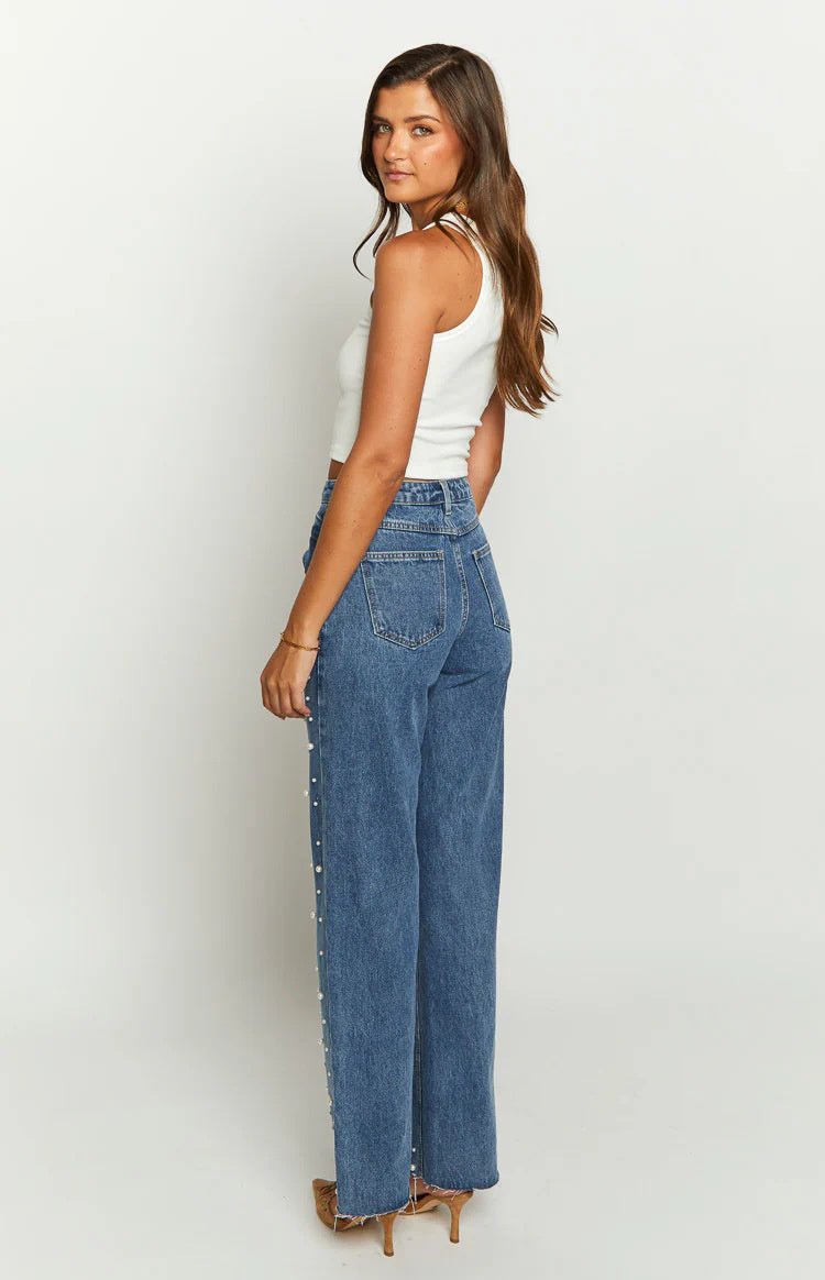 Cross Beaded Straight-leg Frayed Hem Jeans