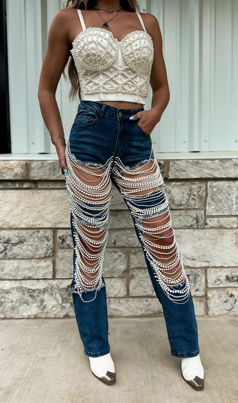 Chain Bead Straight-leg Pants