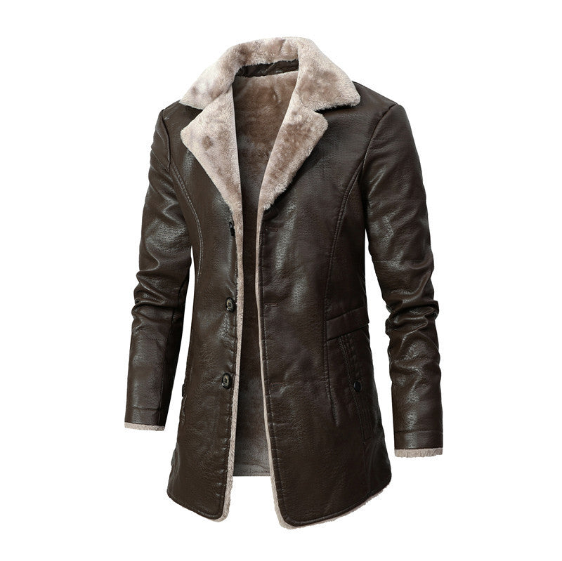 Plush Lapel Single-breasted leather Coat For Men
