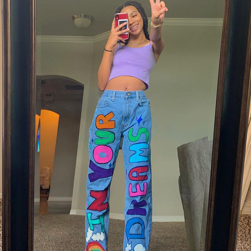 In your dreams Graffiti Print Loose Jeans