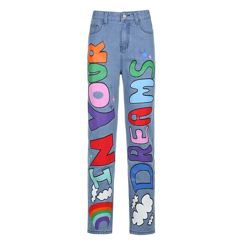 In your dreams Graffiti Print Loose Jeans