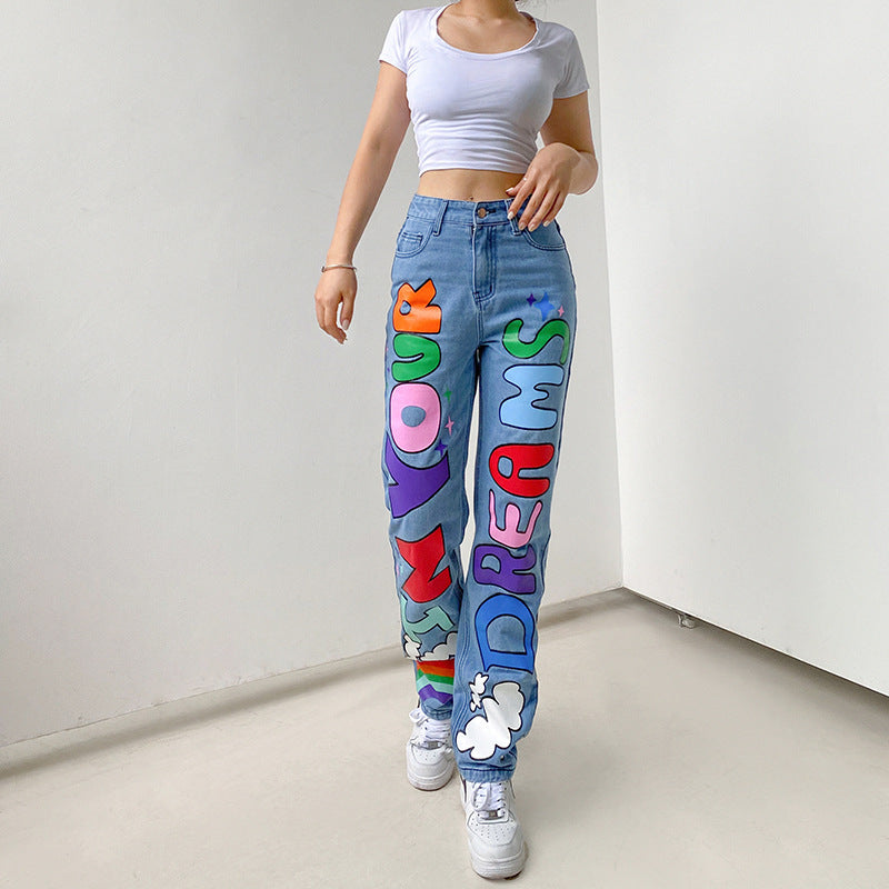 In your dreams Graffiti Print Loose Jeans