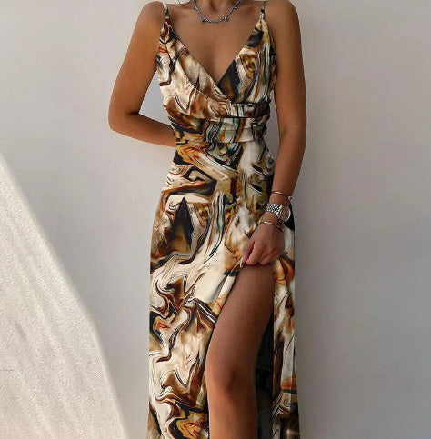 V-neck Slit Slim Suspender Dress For Women Clothing