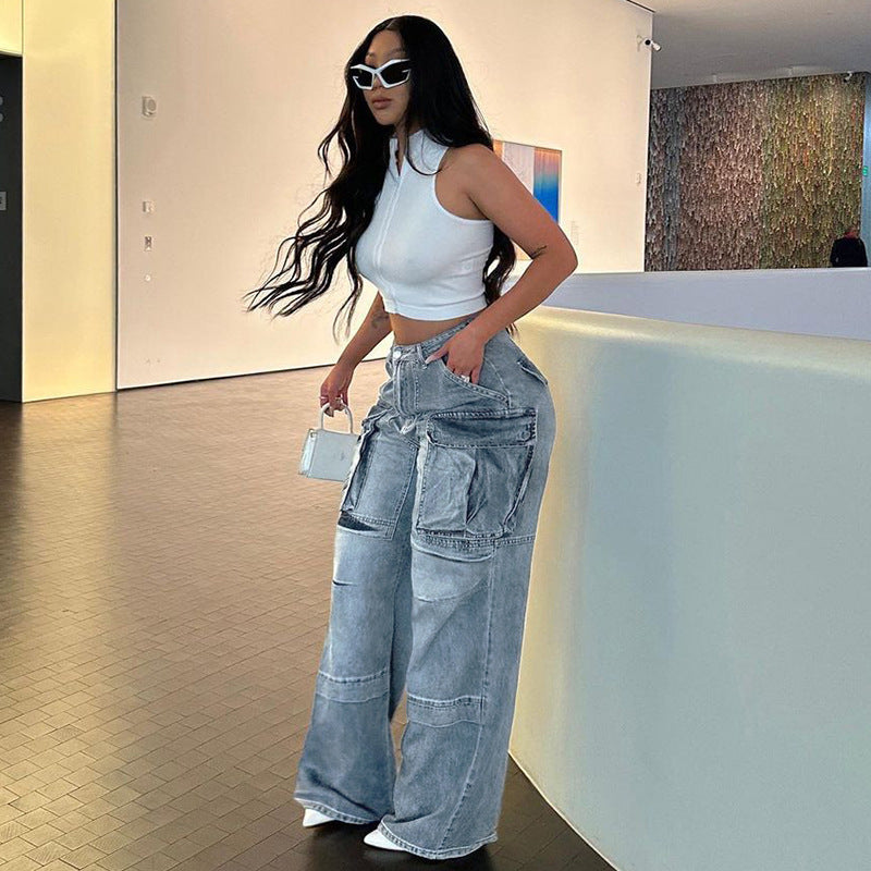 Women's Large Pocket Stitching Tooling High Waist Straight Jeans