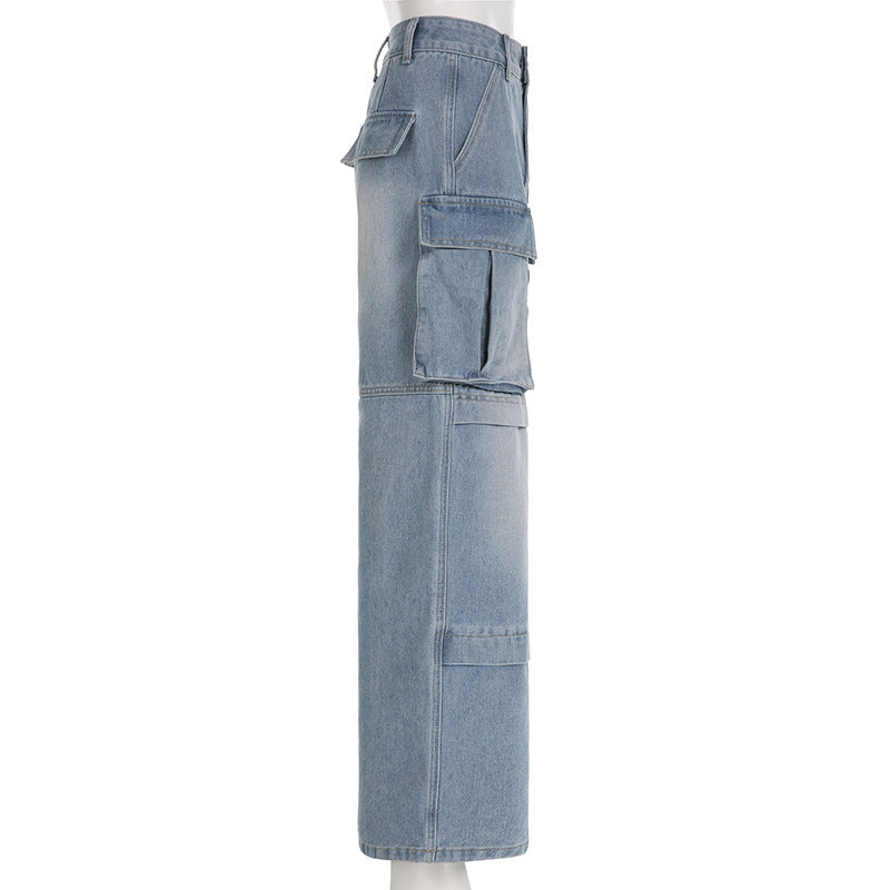 Women's Large Pocket Stitching Tooling High Waist Straight Jeans