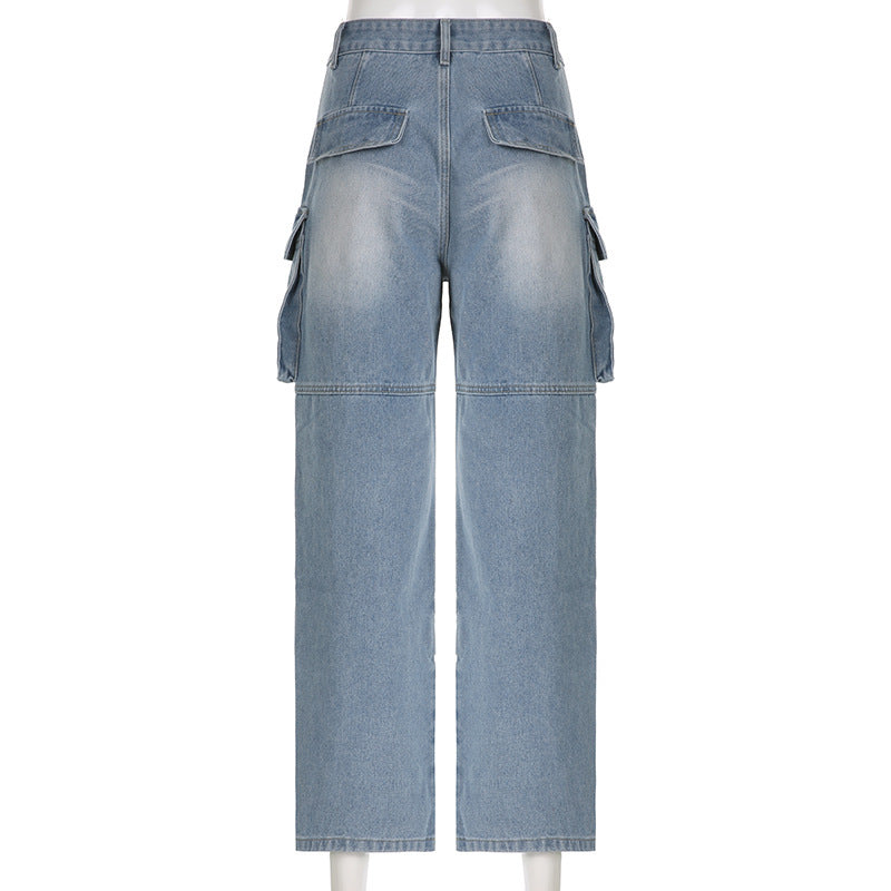 Women's Large Pocket Stitching Tooling High Waist Straight Jeans