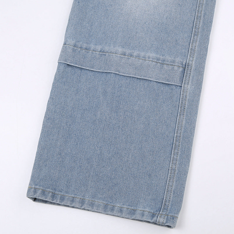 Women's Large Pocket Stitching Tooling High Waist Straight Jeans