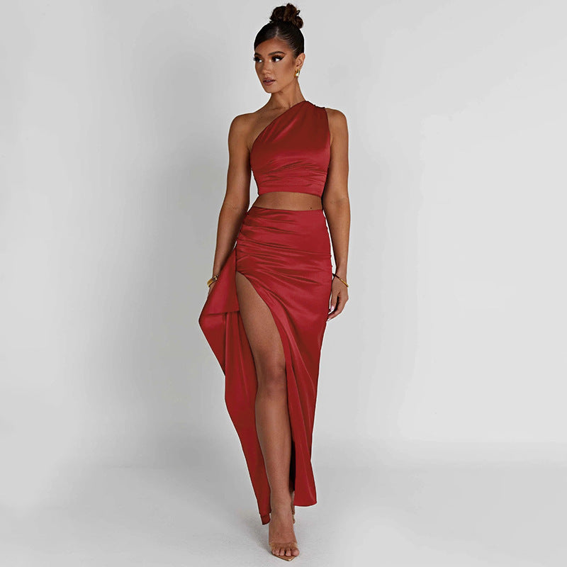 One-shoulder satin maxi dress