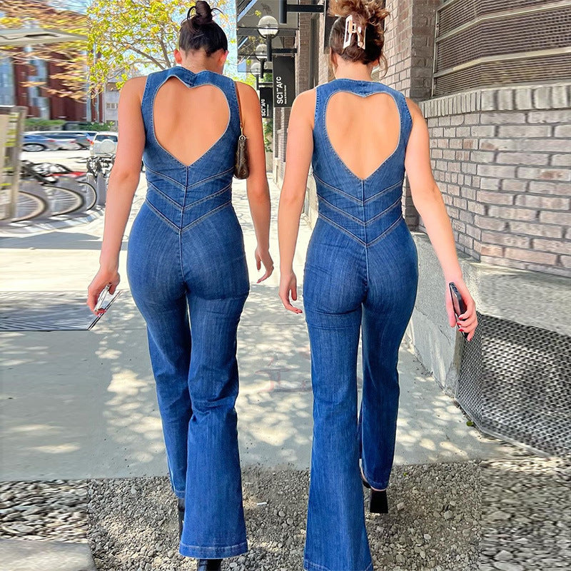 Summer Slim Heart-shape Backless Denim Jumpsuit for Women