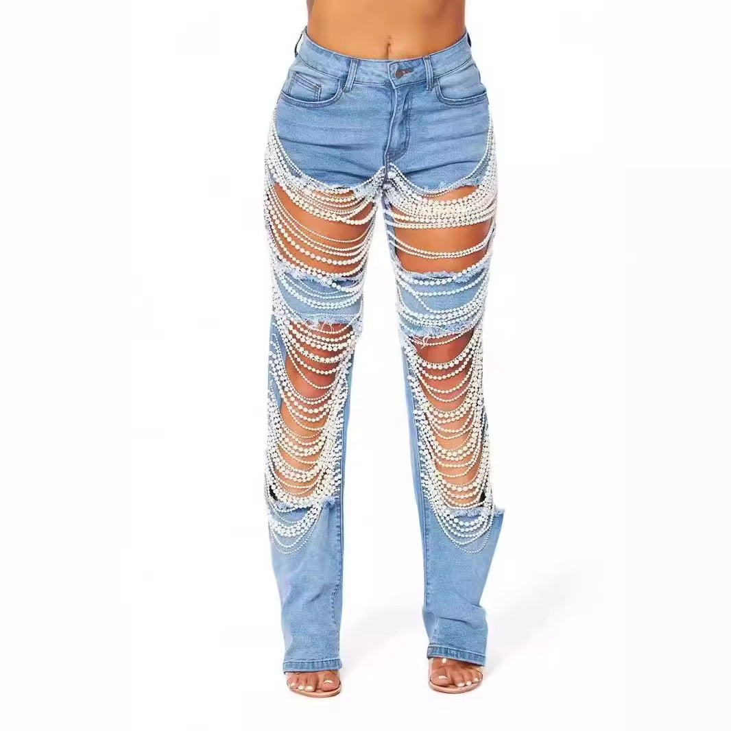 Chain Bead Straight-leg Pants
