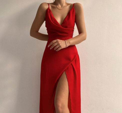 V-neck Slit Slim Suspender Dress For Women Clothing