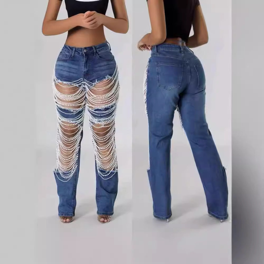 Chain Bead Straight-leg Pants