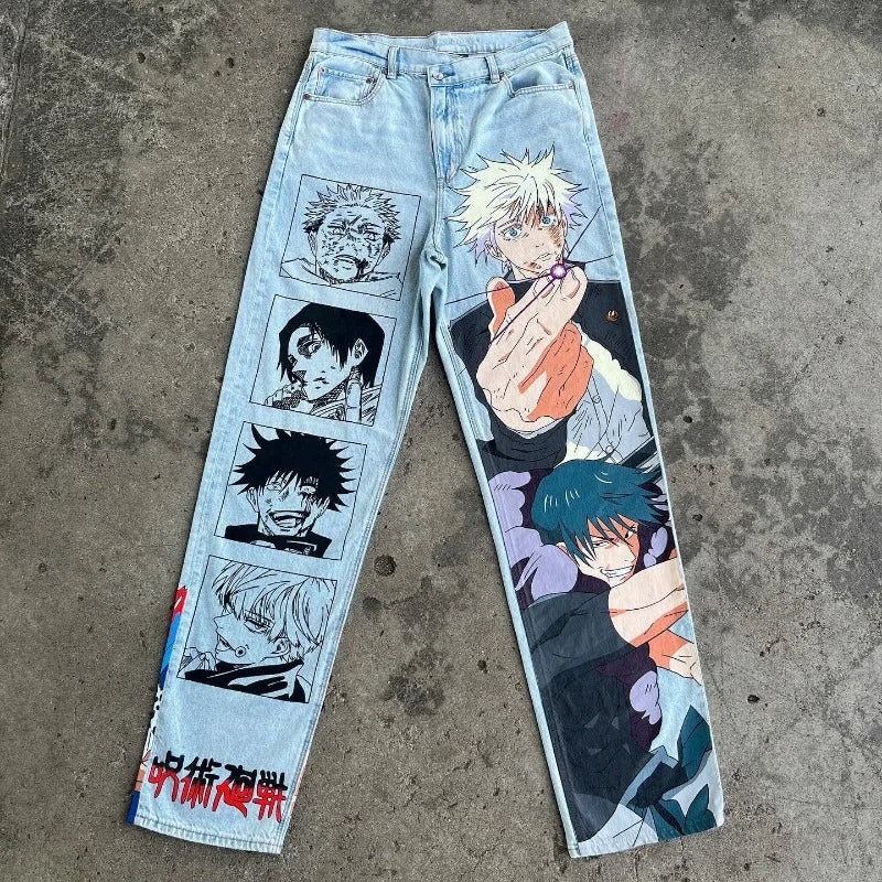 Y2K jeans men Harajuku Anime Hip Hop print pattern jeans high waisted jeans biggest streetwear ropa aesthetic wide leg trousers