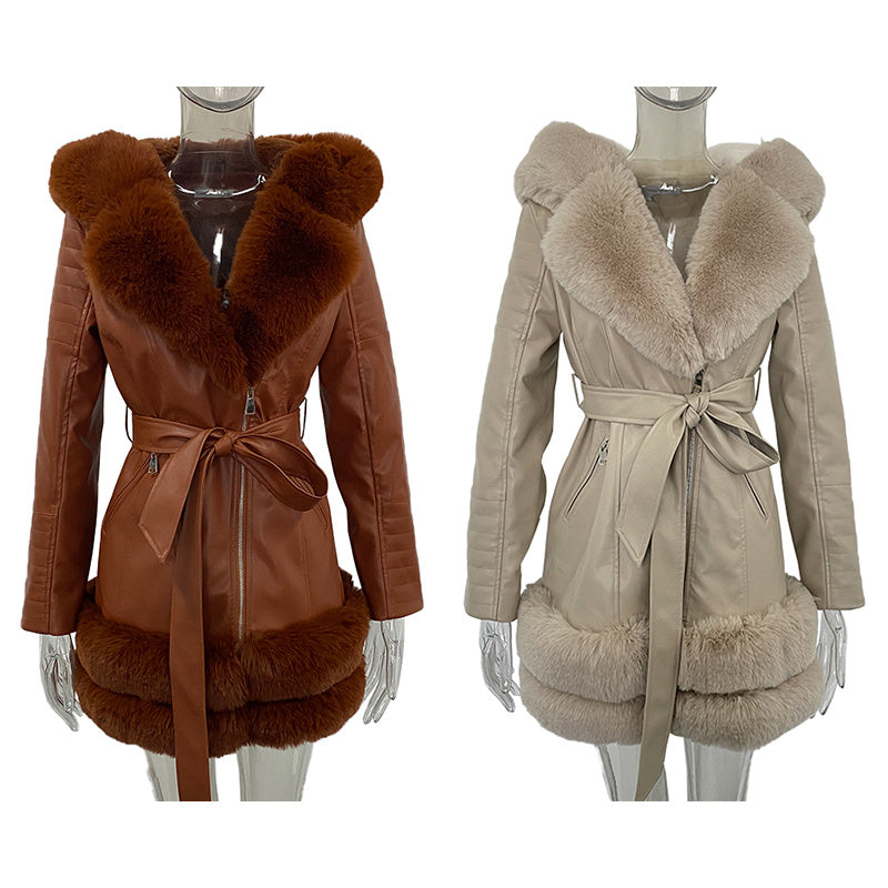 Women's Fashion Leather Coat with Fur Collar