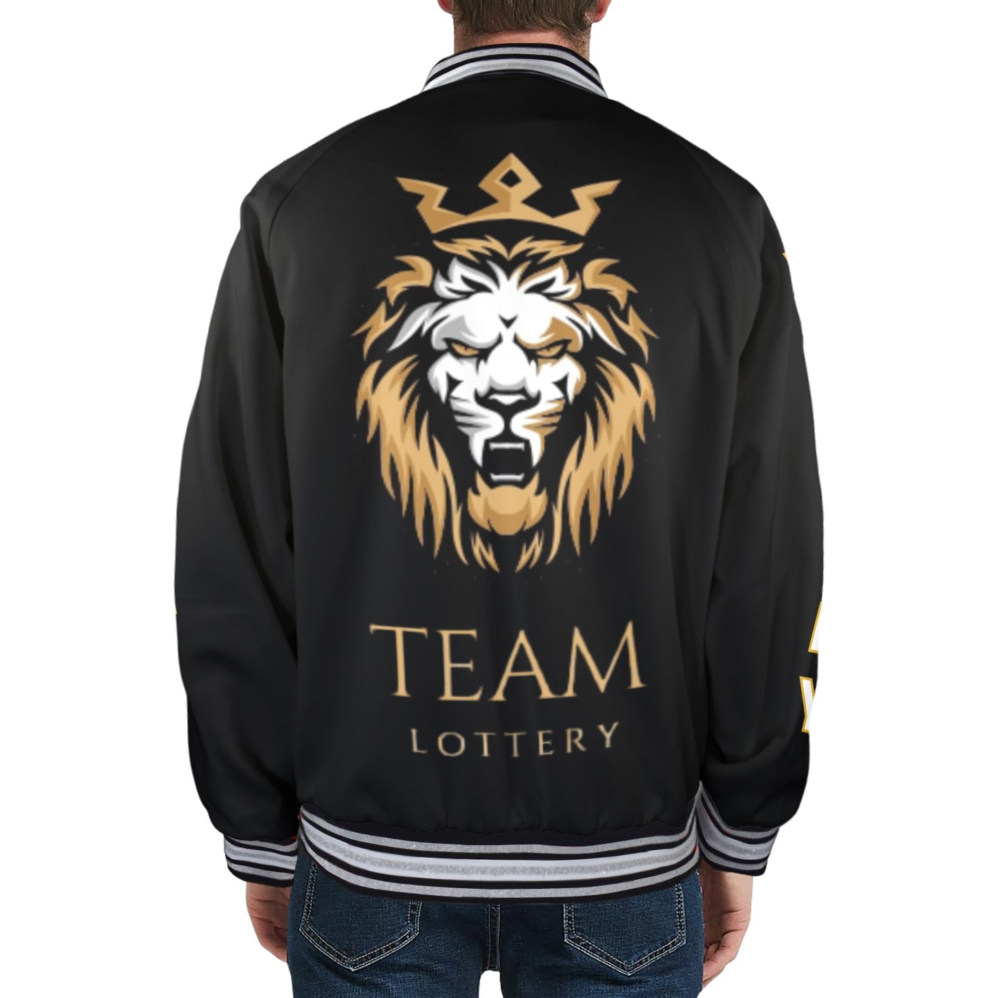 New TEAM LOTTERY LION KING Men's Striped Trim Bomber Jacket