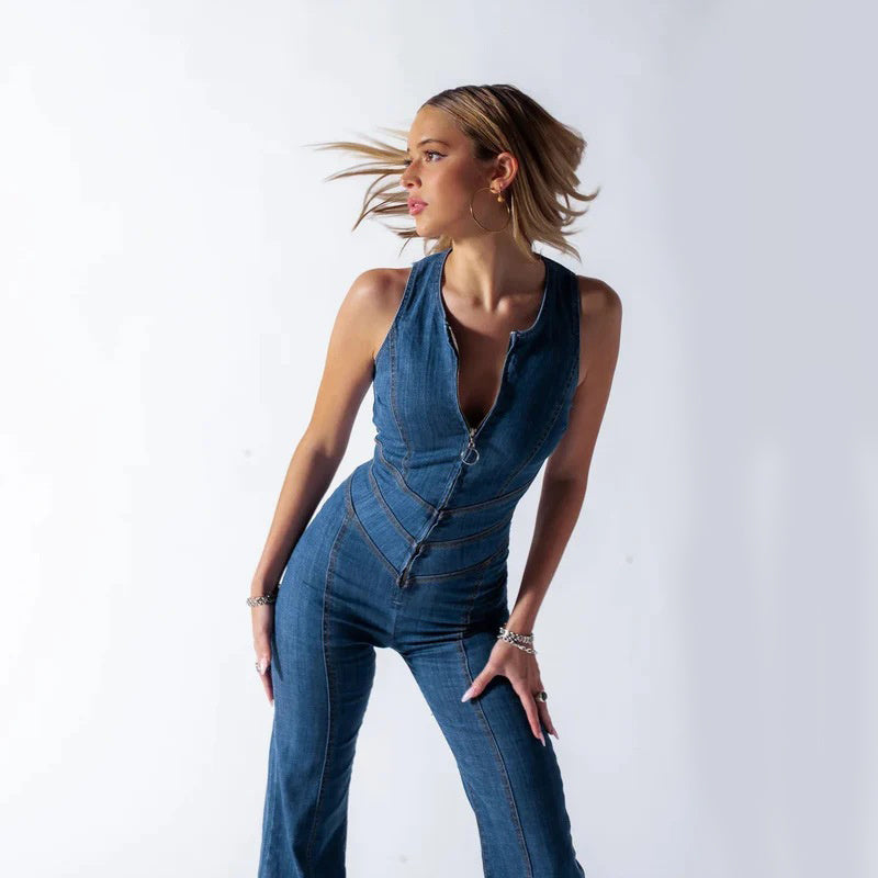 Summer Slim Heart-shape Backless Denim Jumpsuit for Women