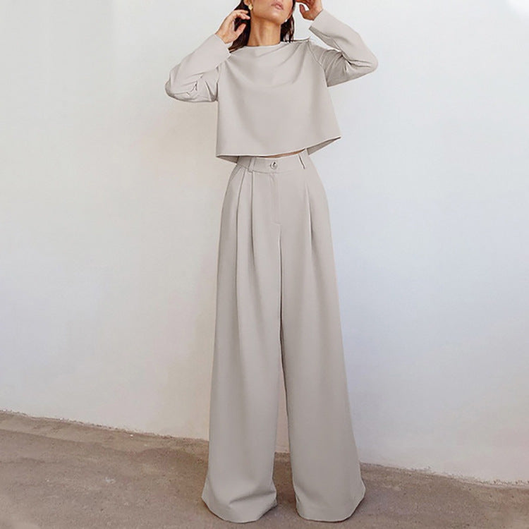 Brown Fashionable Long Sleeve Pure Color Cotton Two-piece Set