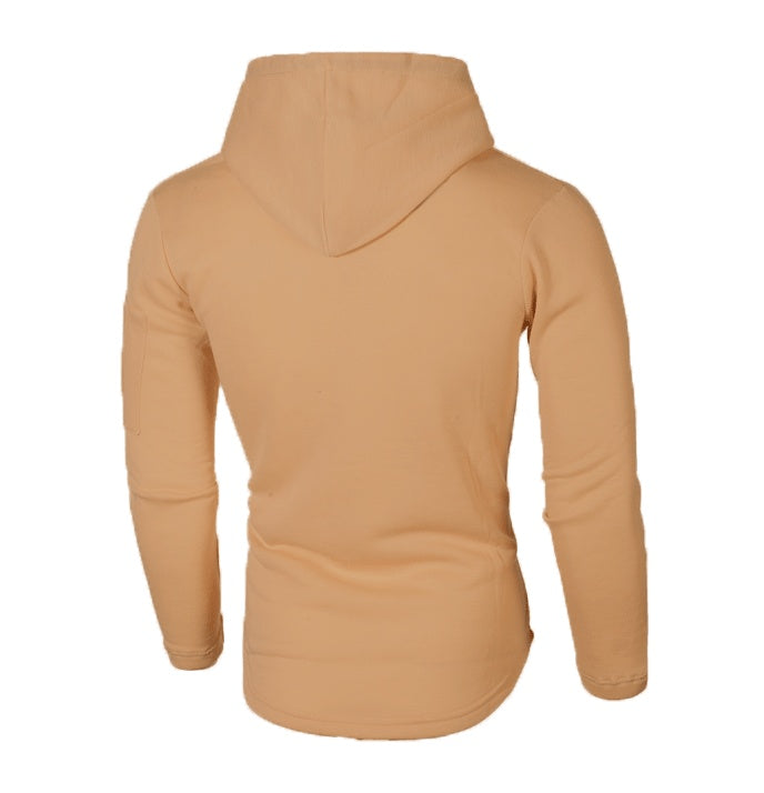 Solid color round neck hooded arm zipper stitching European and American long T-shirt