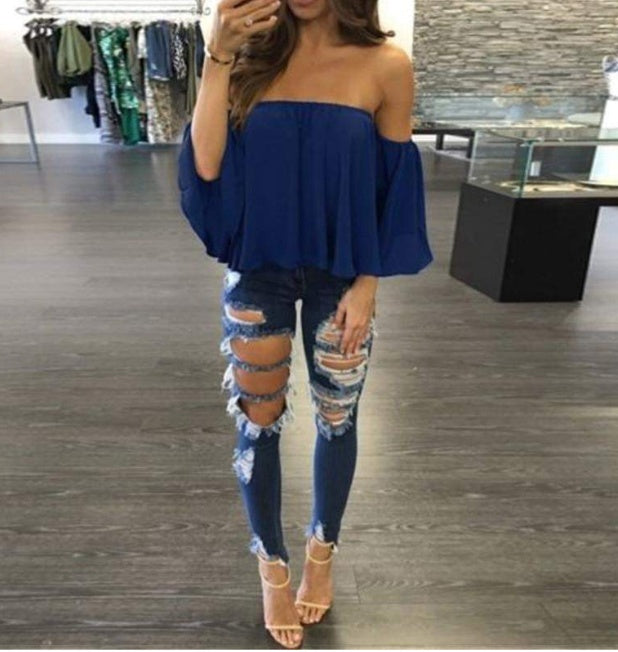 Wrapped chest collar long sleeve chiffon  top strapless loose T-shirt