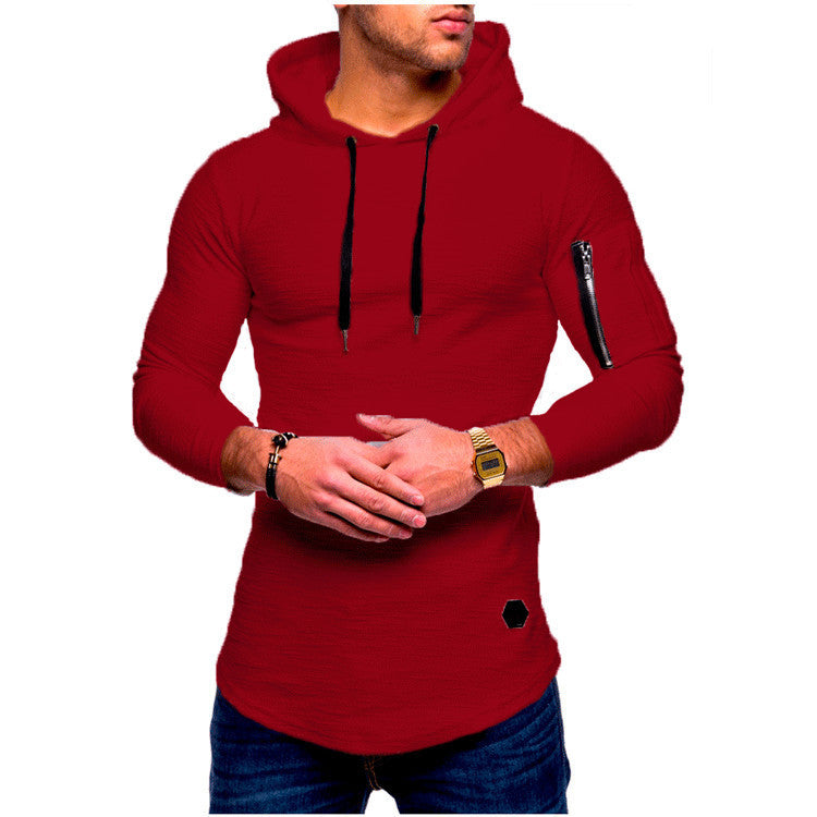 Solid color round neck hooded arm zipper stitching European and American long T-shirt