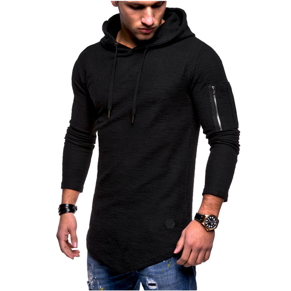 Solid color round neck hooded arm zipper stitching European and American long T-shirt