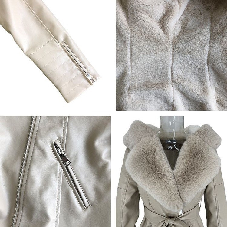 Women's Fashion Leather Coat with Fur Collar