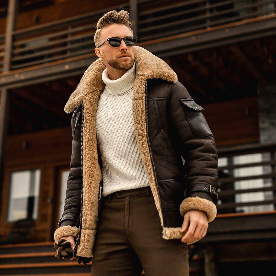 Fur collar men's leather jacket