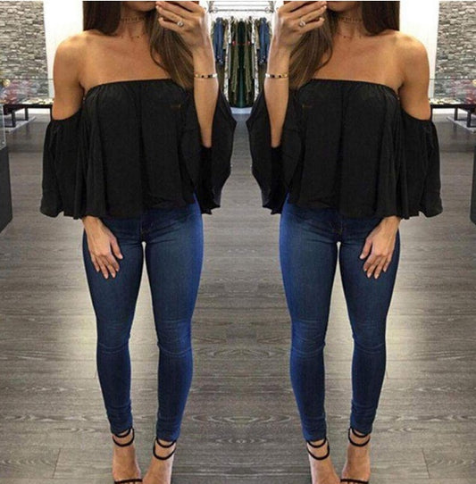 Wrapped chest collar long sleeve chiffon  top strapless loose T-shirt