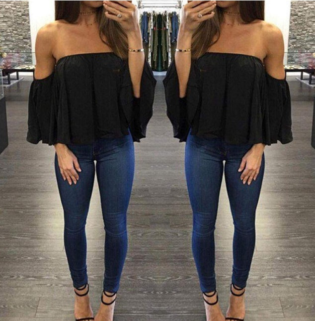 Wrapped chest collar long sleeve chiffon  top strapless loose T-shirt