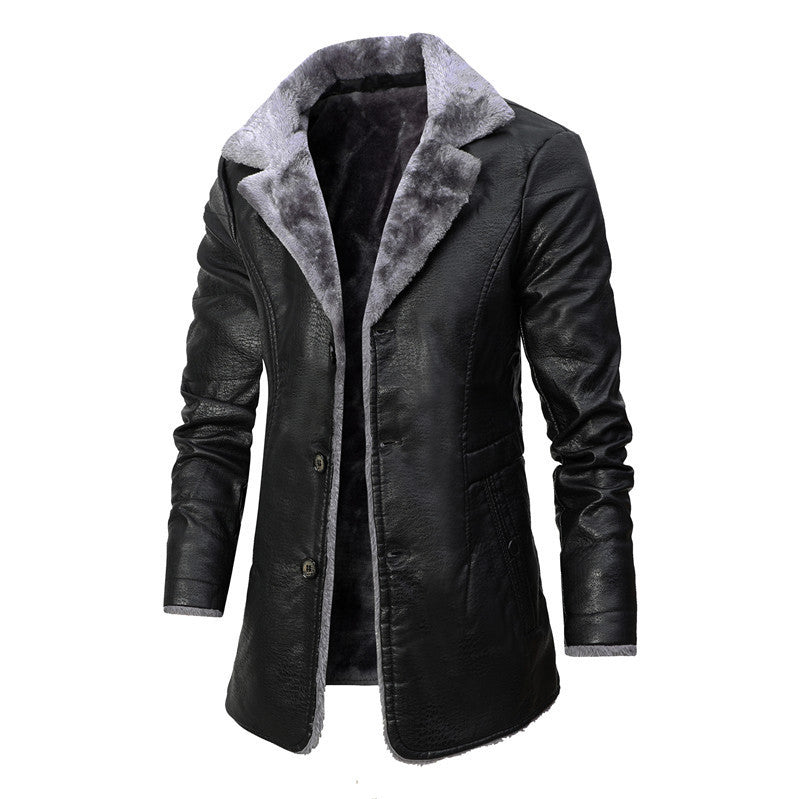 Plush Lapel Single-breasted leather Coat For Men