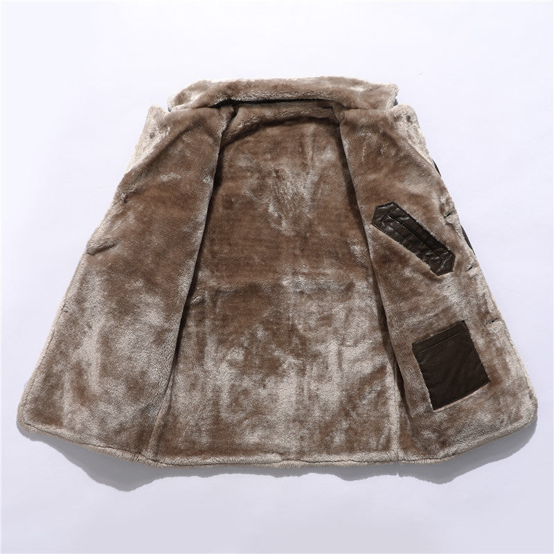 Plush Lapel Single-breasted leather Coat For Men