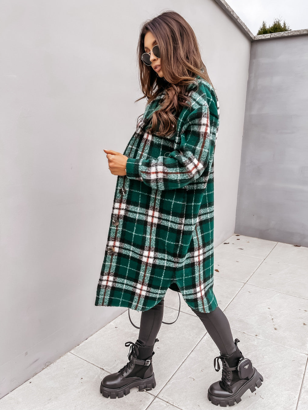 Button Lapel Casual Warm Plaid Long Woolen Coat