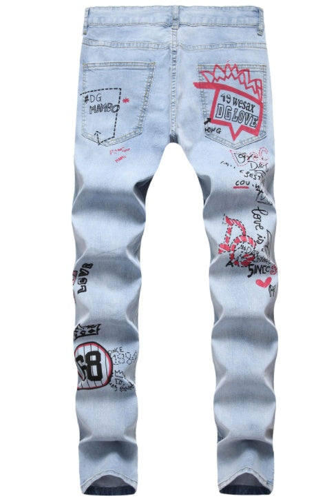 High Street Hip-Hop Ripped Print Stretch Jeans