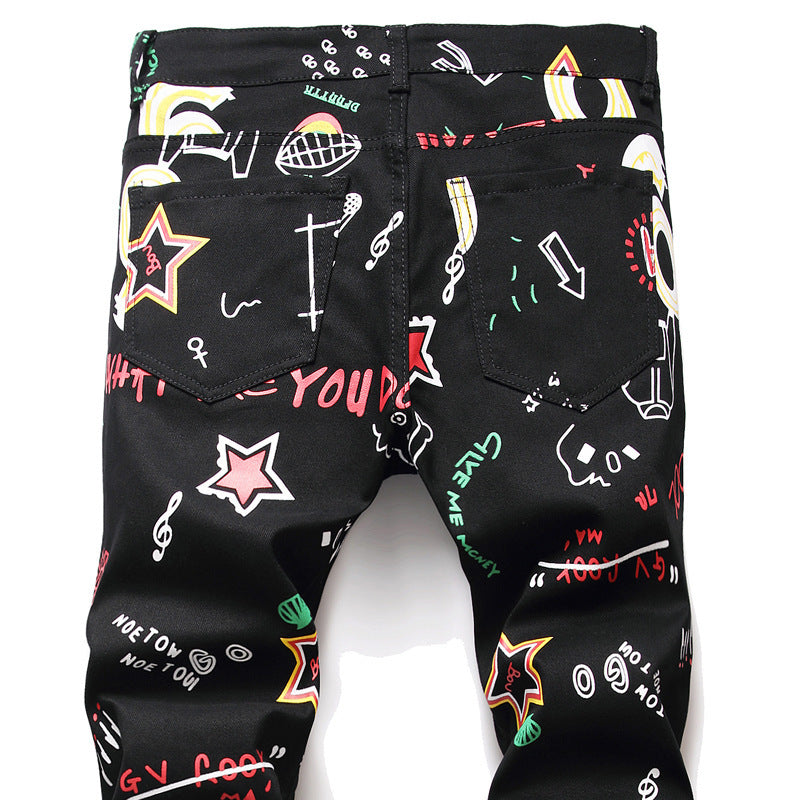 Summer Print Graffiti Spot Shot Black Casual Ordinary Mid-waist Trousers European And American Cross-border Trend Youth Jeans