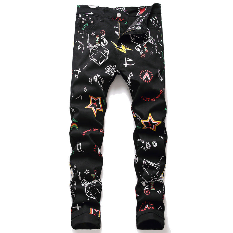 Summer Print Graffiti Spot Shot Black Casual Ordinary Mid-waist Trousers European And American Cross-border Trend Youth Jeans