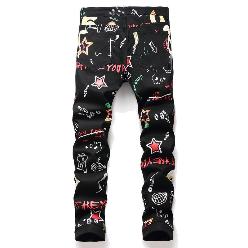 Summer Print Graffiti Spot Shot Black Casual Ordinary Mid-waist Trousers European And American Cross-border Trend Youth Jeans