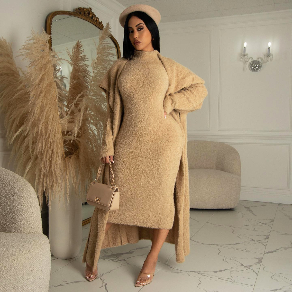 Autumn and winter cardigan velvet two-piece dress