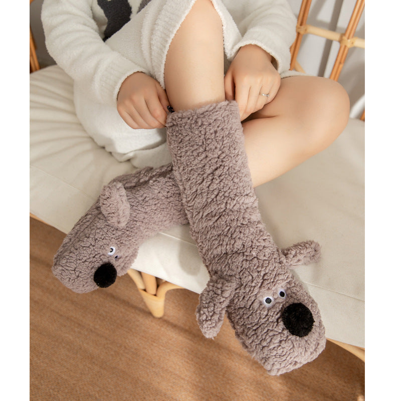 Cute furry Cartoon Dog non slip Socks For Women