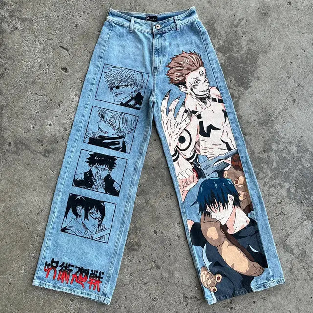 Y2K jeans men Harajuku Anime Hip Hop print pattern jeans high waisted jeans biggest streetwear ropa aesthetic wide leg trousers