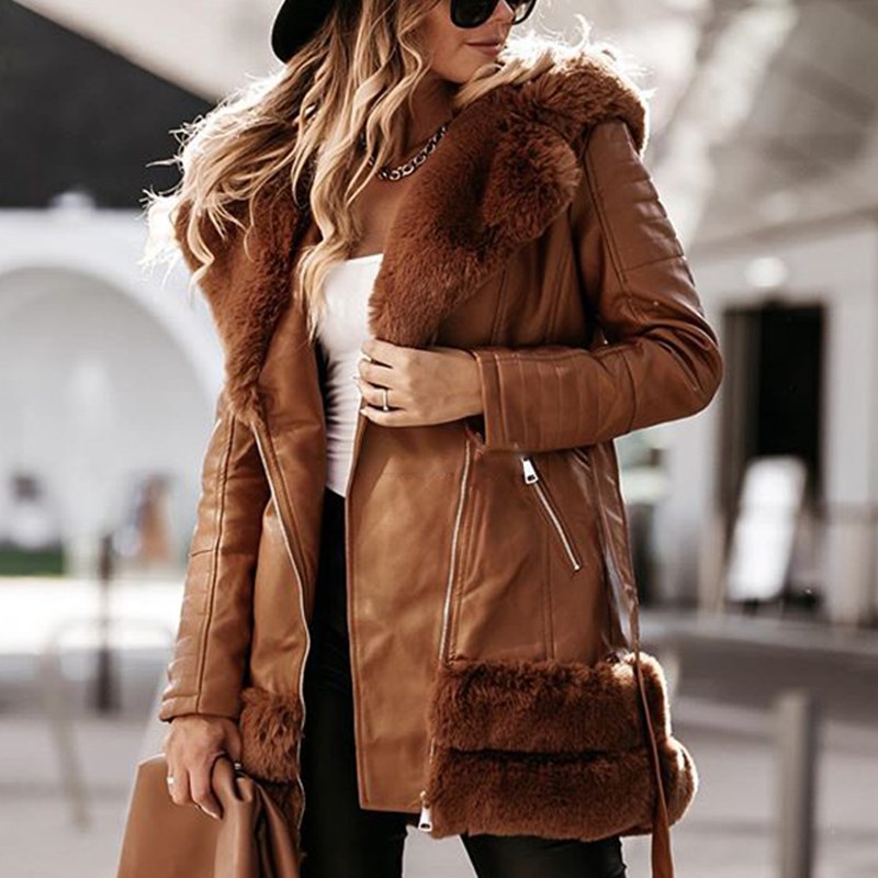 Women's Fashion Leather Coat with Fur Collar