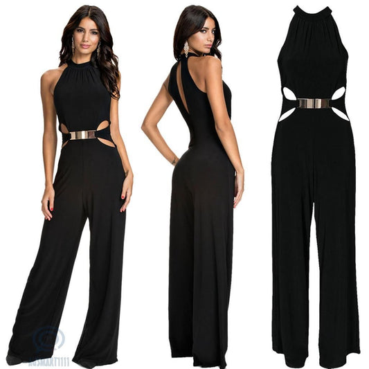 Fashion casual stitching long-sleeved high-neck flared pants black sling jumpsuit