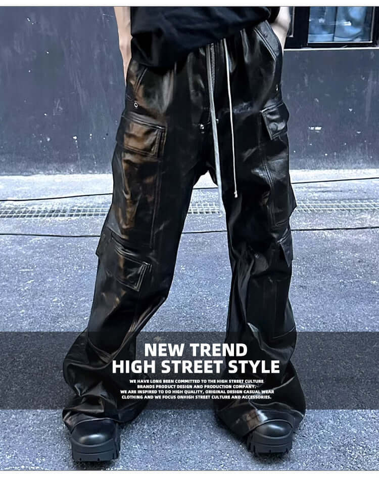 Bright Coated Wide Legged  luxury Black Casual Pants