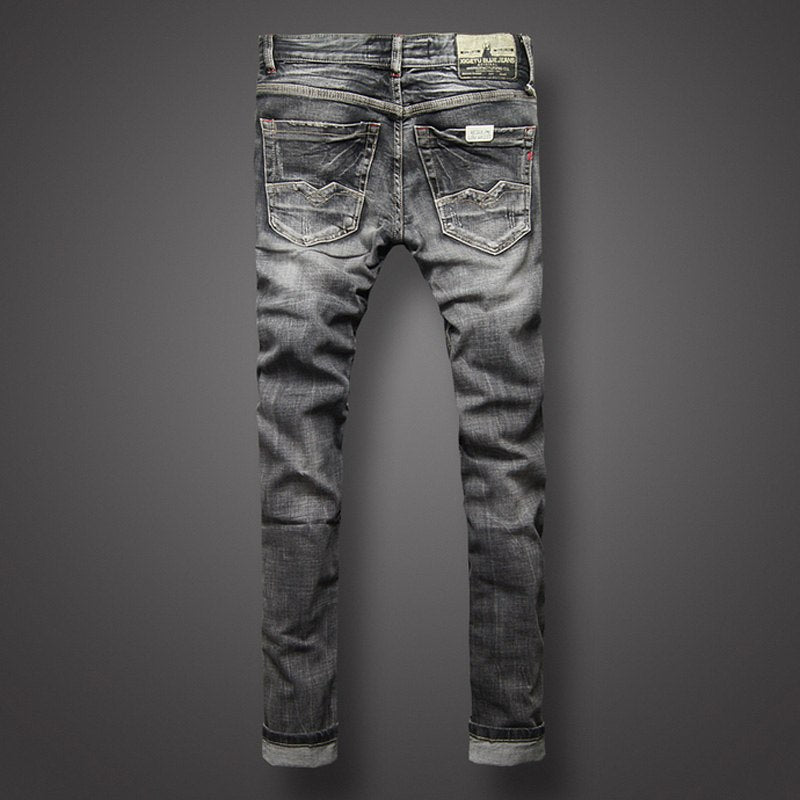 Black Gray Color Denim Mens Jeans High Quality Italian Style Retro Design Slim Fit Ripped Jeans