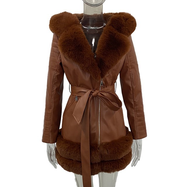 Women's Fashion Leather Coat with Fur Collar