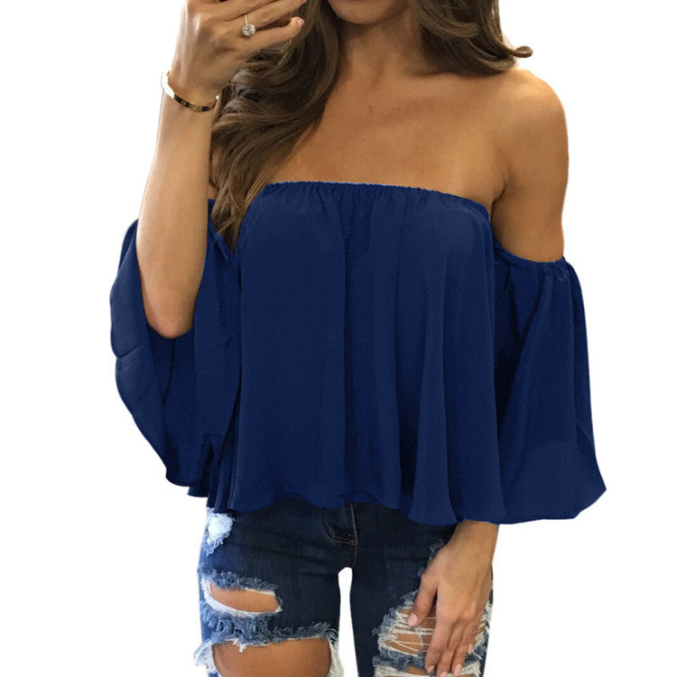 Wrapped chest collar long sleeve chiffon  top strapless loose T-shirt