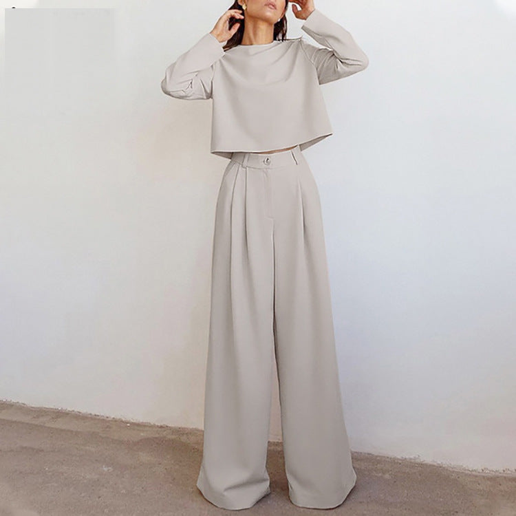 Brown Fashionable Long Sleeve Pure Color Cotton Two-piece Set