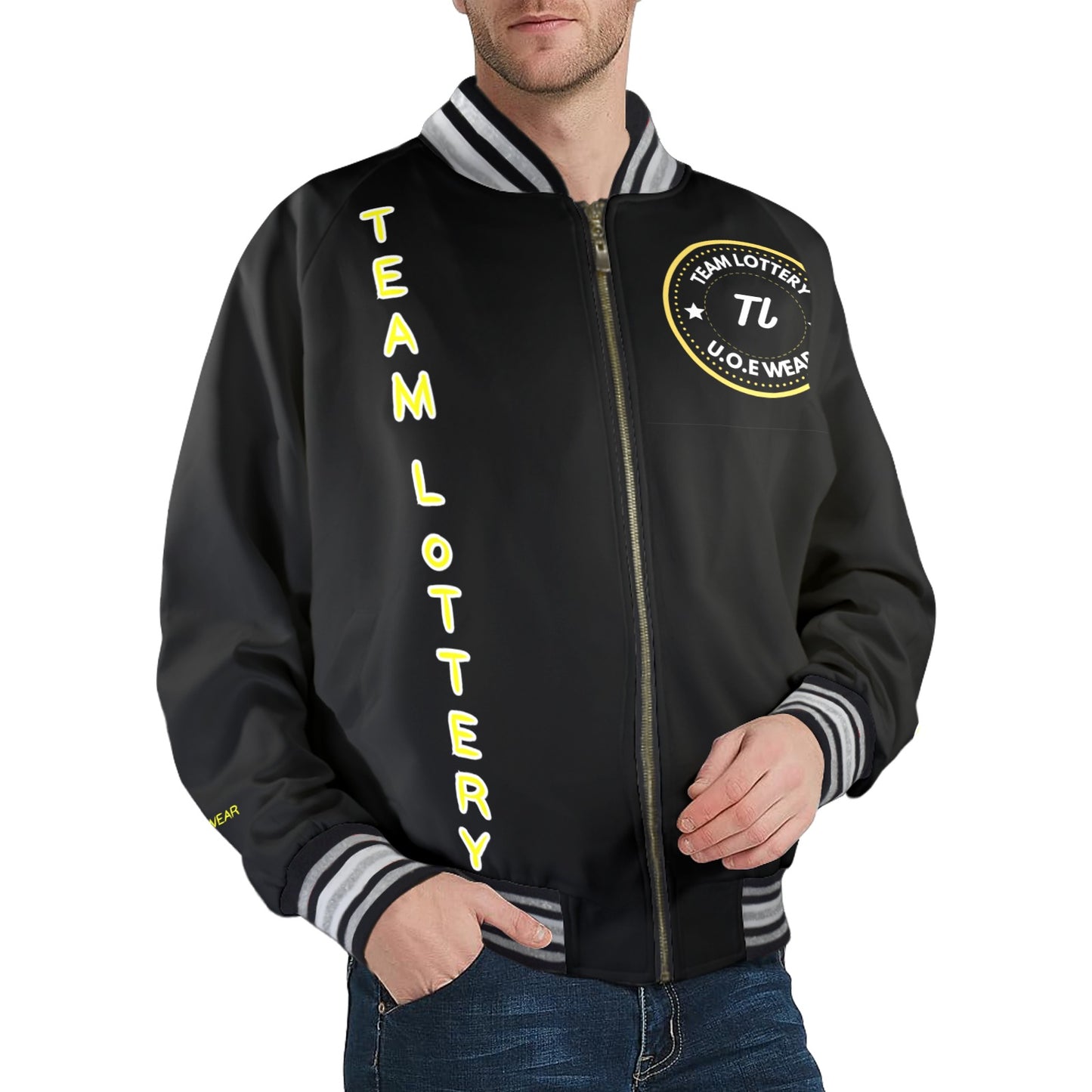 New TEAM LOTTERY U.O.E WEAR Men's Striped Trim Bomber Jacket