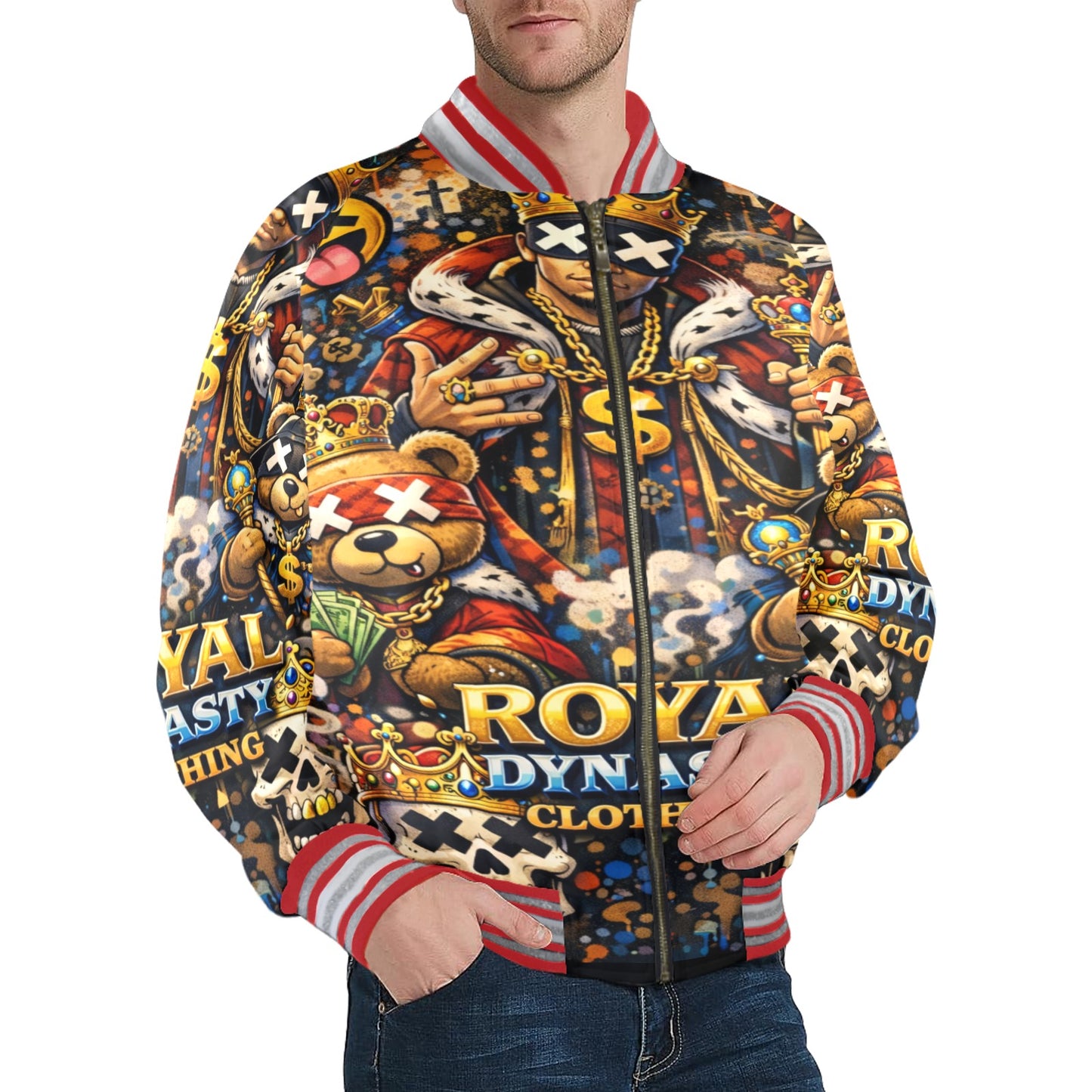 RDC RED KING EMOJI New Men's Striped Trim Bomber Jacket