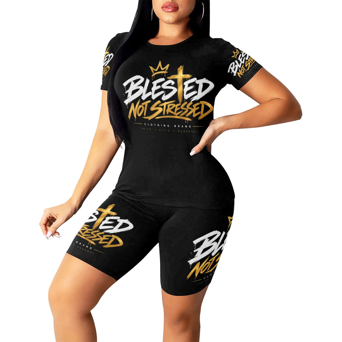 Blessed Not Stressed Women's T-Shirt & Shorts Yoga Set