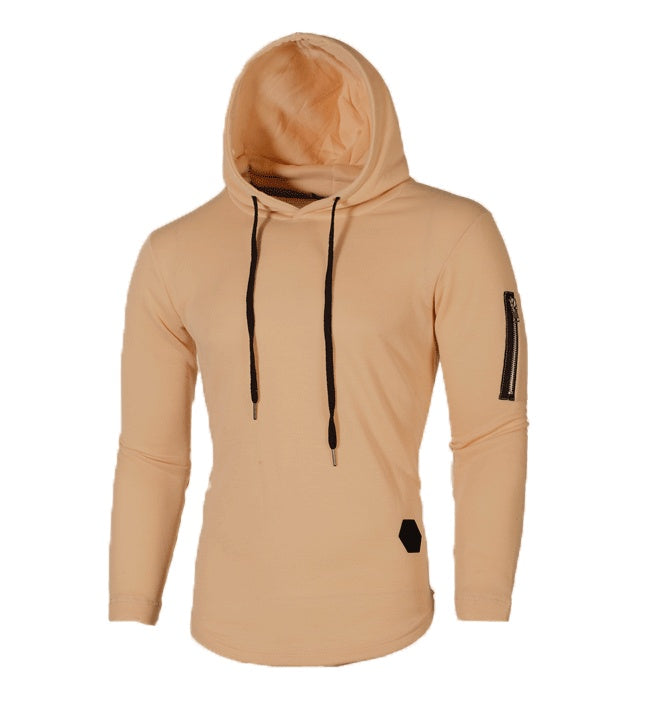 Solid color round neck hooded arm zipper stitching European and American long T-shirt